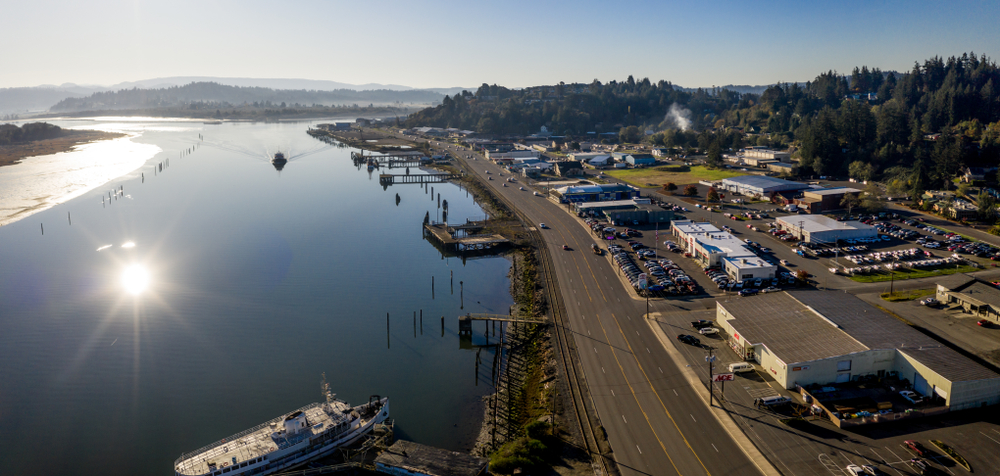Aerial view of the highway along Coos Bay, Oregon